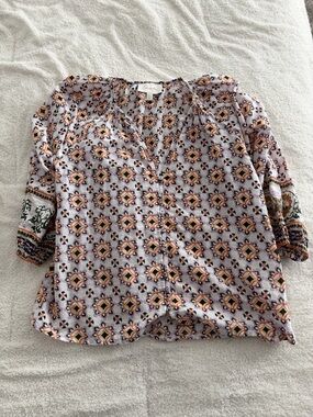 Cleobella Lavender Patterned Boho Blouse with Pink and Peach Accents